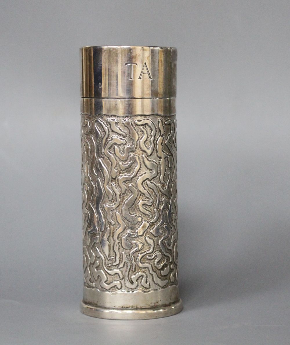 Anthony Hawksley. A silver caster with cast wrigglework decoration, initialled JRTA, London 1982, 12.25cm, 6oz.